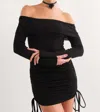 Golden Ayla Off Shoulder Ruched Mini Dress In Black In Black