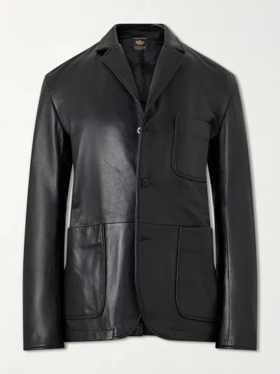 Golden Bear Notched Lapel Leather Blazer In Black
