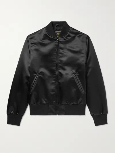 Golden Bear Sukajan Leather-trimmed Satin Bomber Jacket In Black