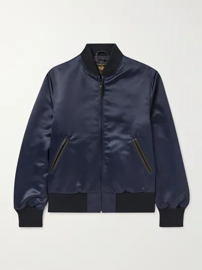 Golden Bear Sukajan Leather-trimmed Satin Bomber Jacket In Blue
