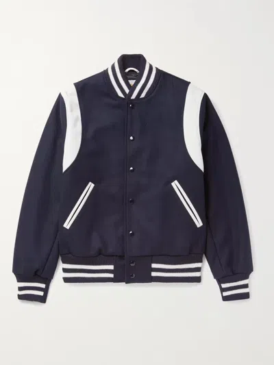 Golden Bear The Hayes Leather-panelled Wool-blend Bomber Jacket In Blue