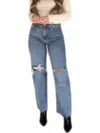 Golden Brooke Ribcage Knee Cut Out Straight Jeans In Medium Denim In Blue