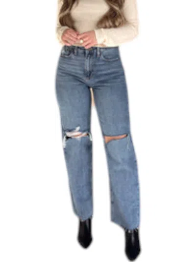 Golden Brooke Ribcage Knee Cut Out Straight Jeans In Medium Denim In Blue
