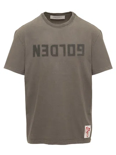 Golden Goose Anthracite Grey Distressed T-shirt With Logo Man  In Green