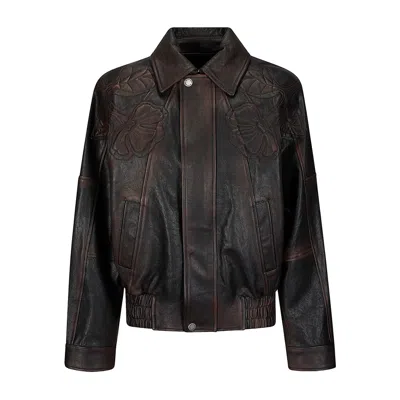 Golden Goose Bomber Jacket In Nappa Leather With Floral Embroidery In Brown