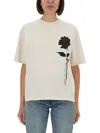 Golden Goose Oversized T-shirt With Black Rose Graphic And Metallic Stars In Gray