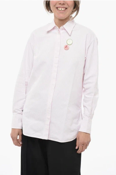 Golden Goose Awning Stripe Cotton Shirt With Brooches In Pink