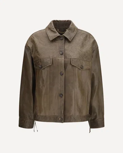 Golden Goose Babete Leather Jacket With Embossed Details In Brown
