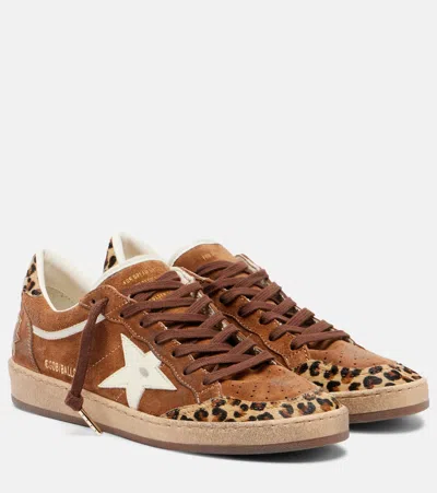 Golden Goose Ball Star Distressed Leather And Calf Hair-trimmed Suede Sneakers In Brown