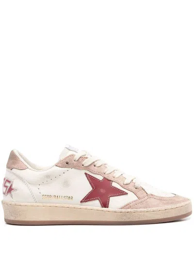 Golden Goose Ball Star Distressed Effect Sneakers With Red Leather Star And Pink Suede Heel Tab Shoe In White