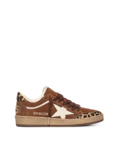 Golden Goose Sneaker Ballstar Low Top With Star Patch With Glitter And Animalier Print In Brown Suede For Women