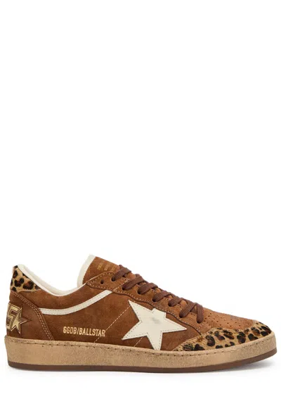 Golden Goose Ball Star Distressed Leather And Calf Hair-trimmed Suede Sneakers In Brown
