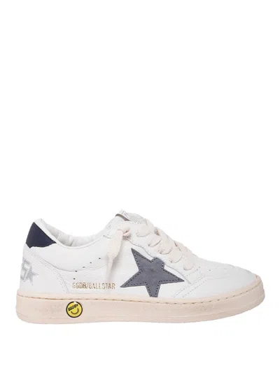 GOLDEN GOOSE BALL STAR SNEAKERS IN LEATHER WITH GREY SUEDE STAR AND BLUE LEATHER HEEL TAB