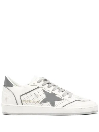 Golden Goose Ball Star Sneakers In Vintage Effect Leather With Olive Green Leather Star And Crocodil In White