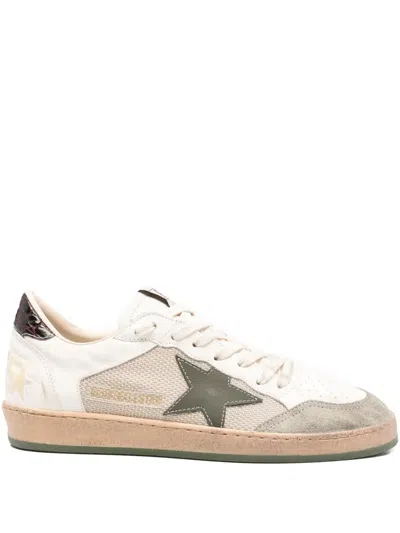 Golden Goose Ball Star Sneakers In Vintage Effect Leather With Olive Green Leather Star And Crocodile Effect Heel In Neutral