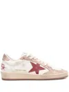 Golden Goose Ball Star Distressed Effect Sneakers With Red Leather Star And Pink Suede Heel Tab Shoe In White