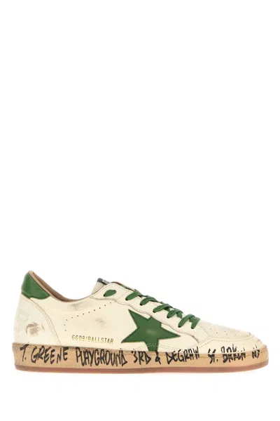 Golden Goose Ball-star White Nappa Leather Sneakers With Green Star And Heel In Multi
