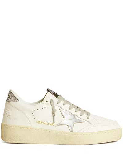 Golden Goose Vintage Effect Leather Ball Star Sneaker With Metallic Side Star And Glitter Heel Tab In Neutral