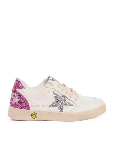 Golden Goose Kids' Ballstar Leather Upper And Toe Glitter Star Heel And Spur Sneakers In White