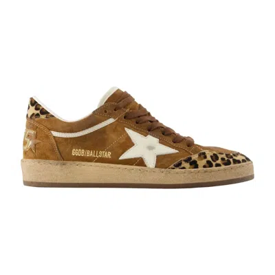 Golden Goose Sneaker Ballstar Low Top With Star Patch With Glitter And Animalier Print In Brown Suede For Women