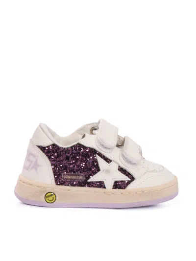 Golden Goose Kids' Ballstar Strap Glitter Upper Leather Toe Strap Star Heel And Spur Sneakers In Purple