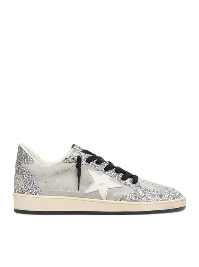 Golden Goose Ball-star Suede Sneakers With Glitter Inserts In Gray