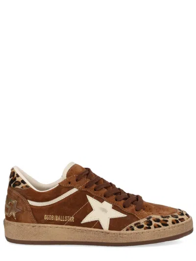 Golden Goose Ballstar Brown Low Top Sneakers With Glittered Star Patch On The Side And Leopard Print Details In S