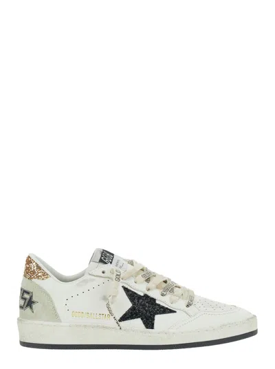 Golden Goose Ballstar White Low Top Sneakers With Glittered Star Patch On The Side And Glittered Heel With Logo L