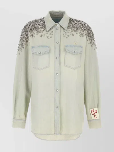 GOLDEN GOOSE 'BECCA' DISTRESSED DENIM SHIRT WITH EMBELLISHED SHOULDERS