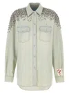 Golden Goose 'becca' Distressed Denim Shirt With Embellished Shoulders In Neutral
