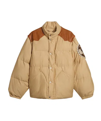 GOLDEN GOOSE BEIGE BOMBER JACKET WITH LEATHER AND PATCH DETAILS