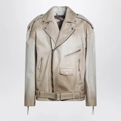 Golden Goose Beige Buckled Belt Leather Leather Jacket In Gray