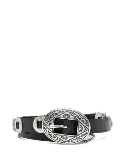 Golden Goose Women Belt Threads Washed Leather Hammered Studs And Application Of Metallic Elements In Black