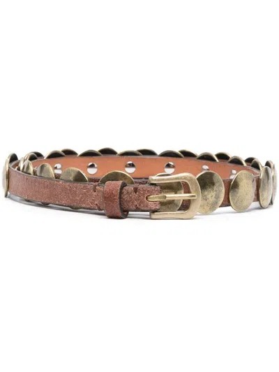 Golden Goose Belt Trinidad Thin Washed Leather Flesh Side With Studs Accessories In Brown