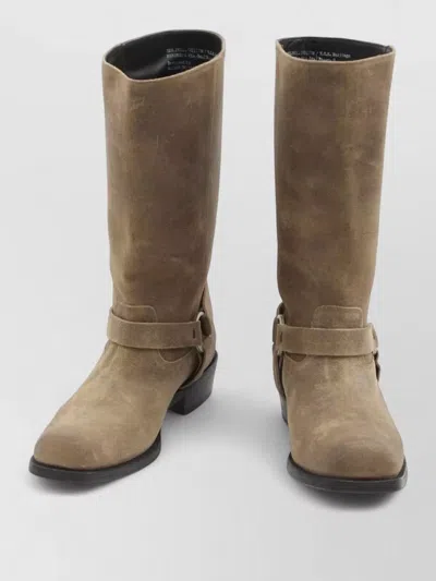 Golden Goose Biker Leather Boots Buckle Strap Square Toe In Brown
