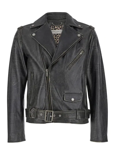 GOLDEN GOOSE BLACK BIKER JACKET WITH NOTCHED REVERS AND LEOPARD LINING IN LEATHER MAN