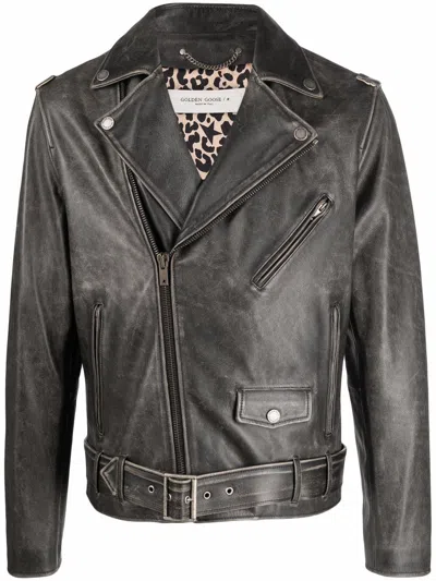 Golden Goose Black Calf Leather Jacket For Men In Grey