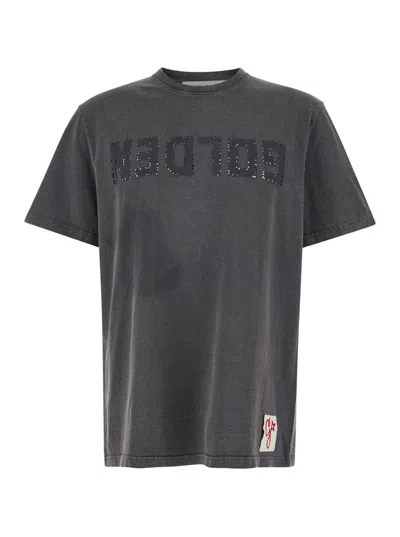 Golden Goose Black Distressed T-shirt With Logo Man  In Gray