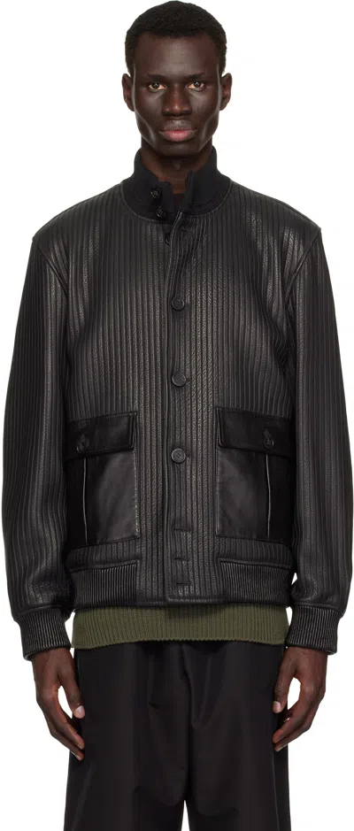GOLDEN GOOSE BLACK EMBOSSED STRIPES LEATHER BOMBER JACKET