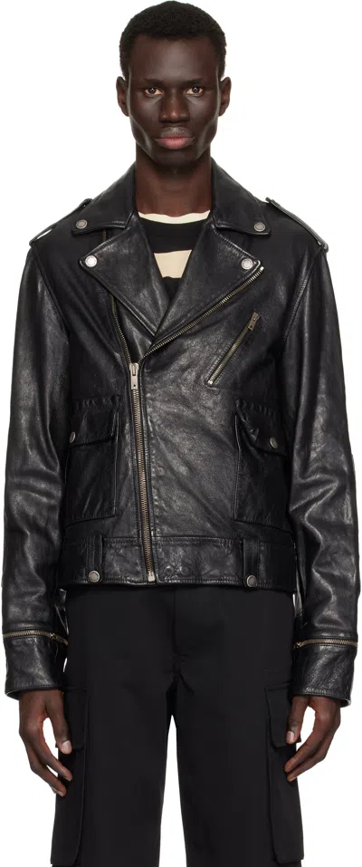 Golden Goose Black Biker Jacket With Notched Revers And Leopard Lining In Leather Man In Multicolor