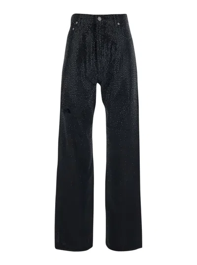 Golden Goose Black Jeans With Belt Loops And All-over Crystal Embellishments In Denim Woman
