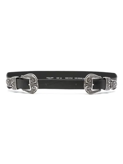 GOLDEN GOOSE BLACK LEATHER BELT WITH ORNATE SILVER-TONE BUCKLE
