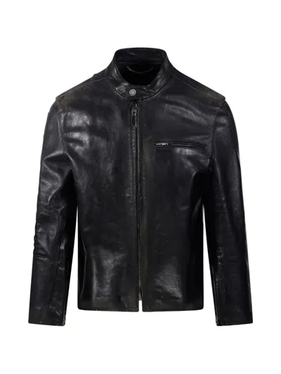 Golden Goose Black Leather Biker Jacket In Gray