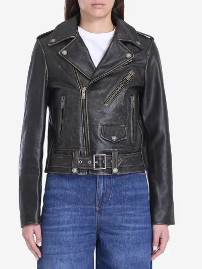 Golden Goose Leather Jacket With Adjustable Buckle Belt In Black