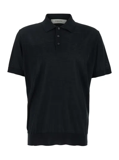 Golden Goose Black Polo With Short Sleeves And Ribbed Hem In Virgin Wool Man