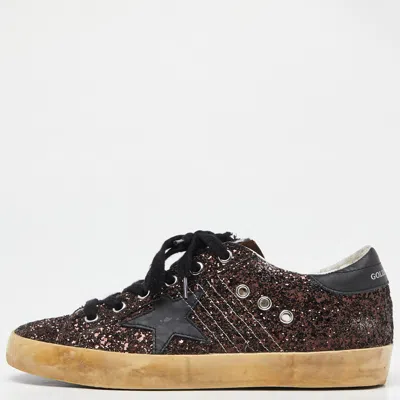 Pre-owned Golden Goose Black/brown Glitter And Leather Superstar Low Top Sneakers Size 38