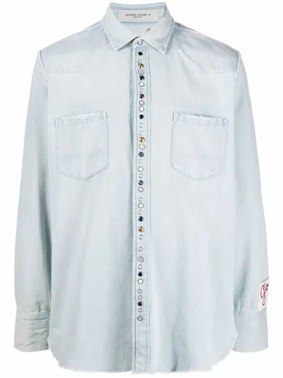 Golden Goose Bleached Denim Shirt With Hammered Studs Clothing In Clear Blue