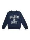 Golden Goose Blue Crewneck Sweatshirt With Maxi Vintage Logo Lettering Print On The Front In Cotton Blend Boy In Blu