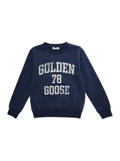 GOLDEN GOOSE BLUE CREWNECK SWEATSHIRT WITH MAXI VINTAGE LOGO LETTERING PRINT ON THE FRONT IN COTTON BLEND BOY
