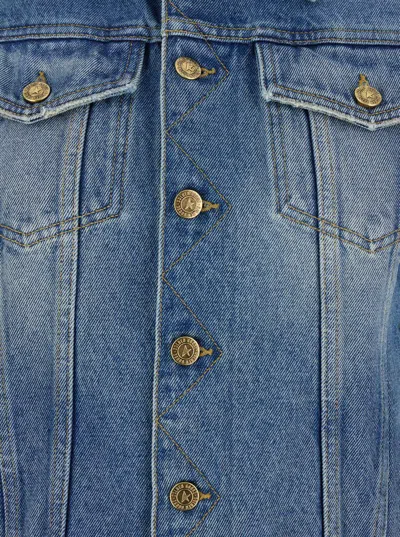 Golden Goose Blue Jacket With Classic Collar And Logoed Buttons In Denim Woman